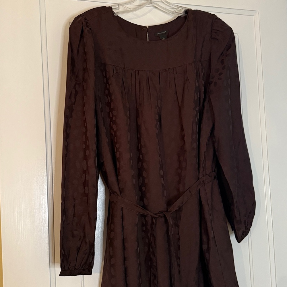 Ann Taylor Dark Brown Long Sleeve Dress with Cloth Belt Size L - Picture 3 of 5